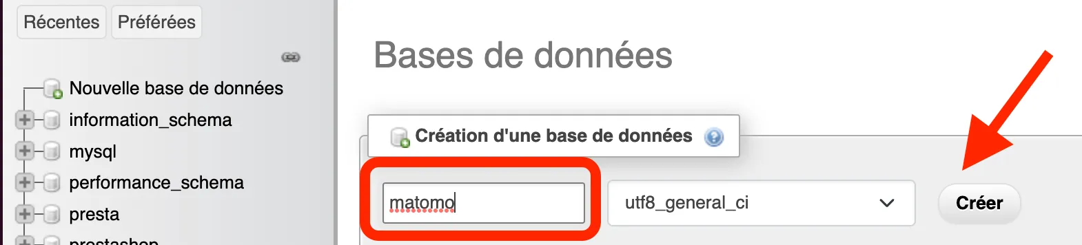 création de la base de données matomo