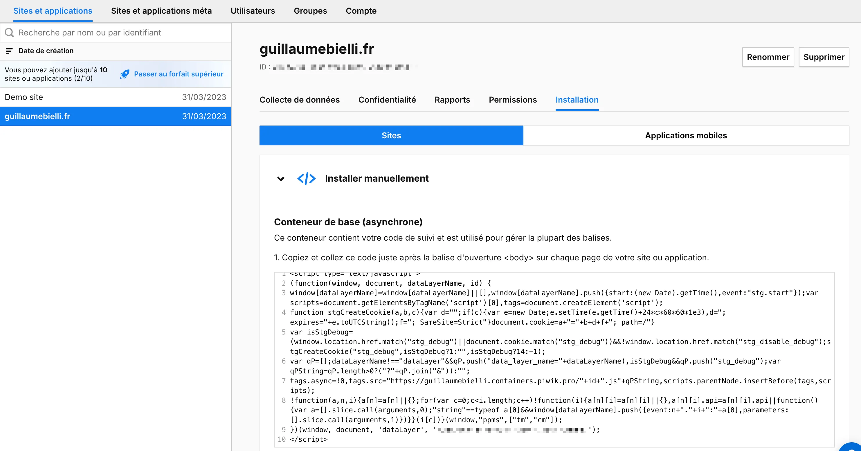 Copiez le code de suivi Piwik Pro