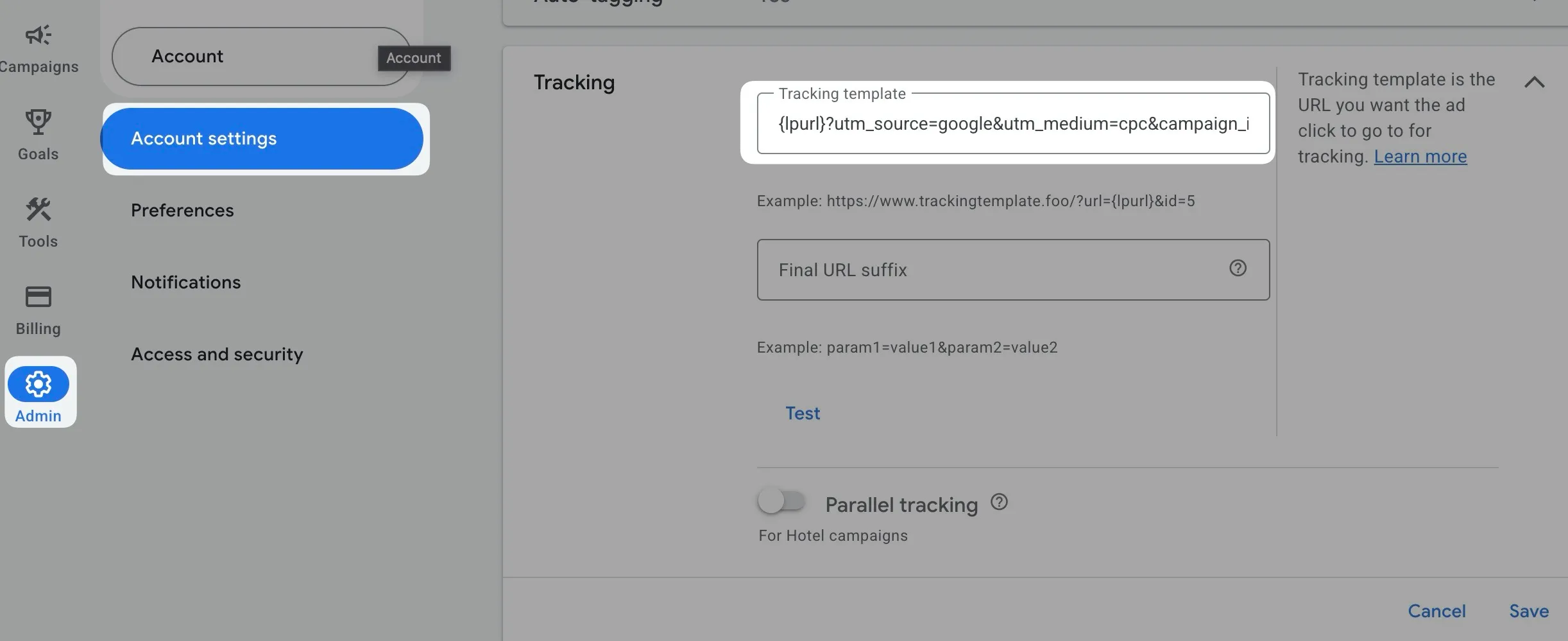 interface modèle de suivi google ads