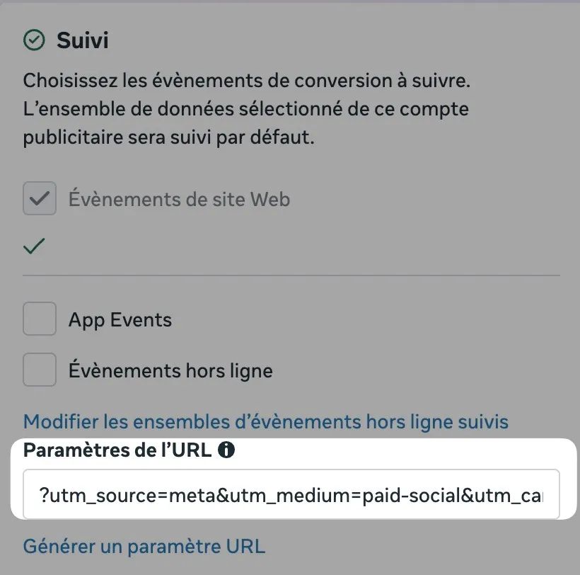 paramètres url dans meta ads manager