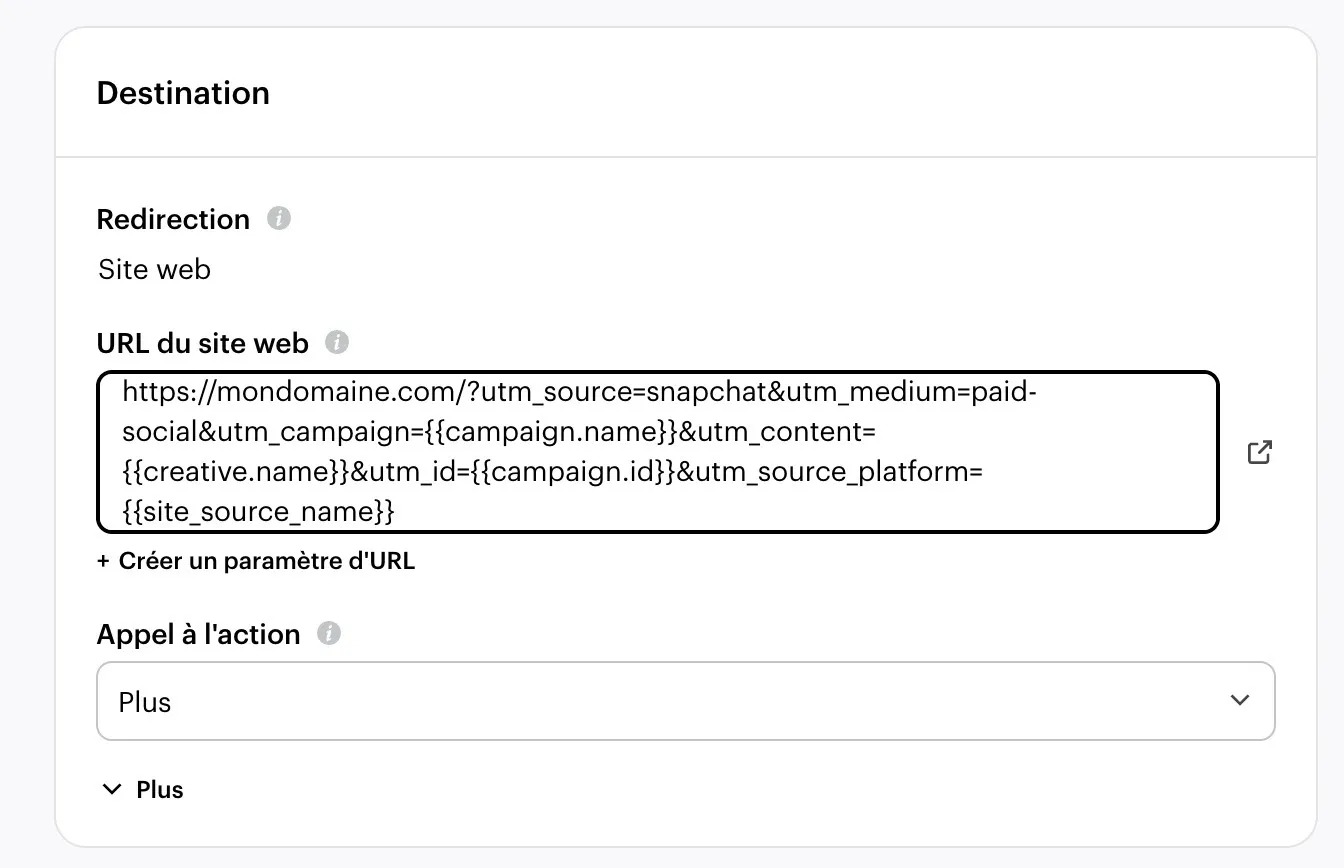 interface tracking urls snapchat ads