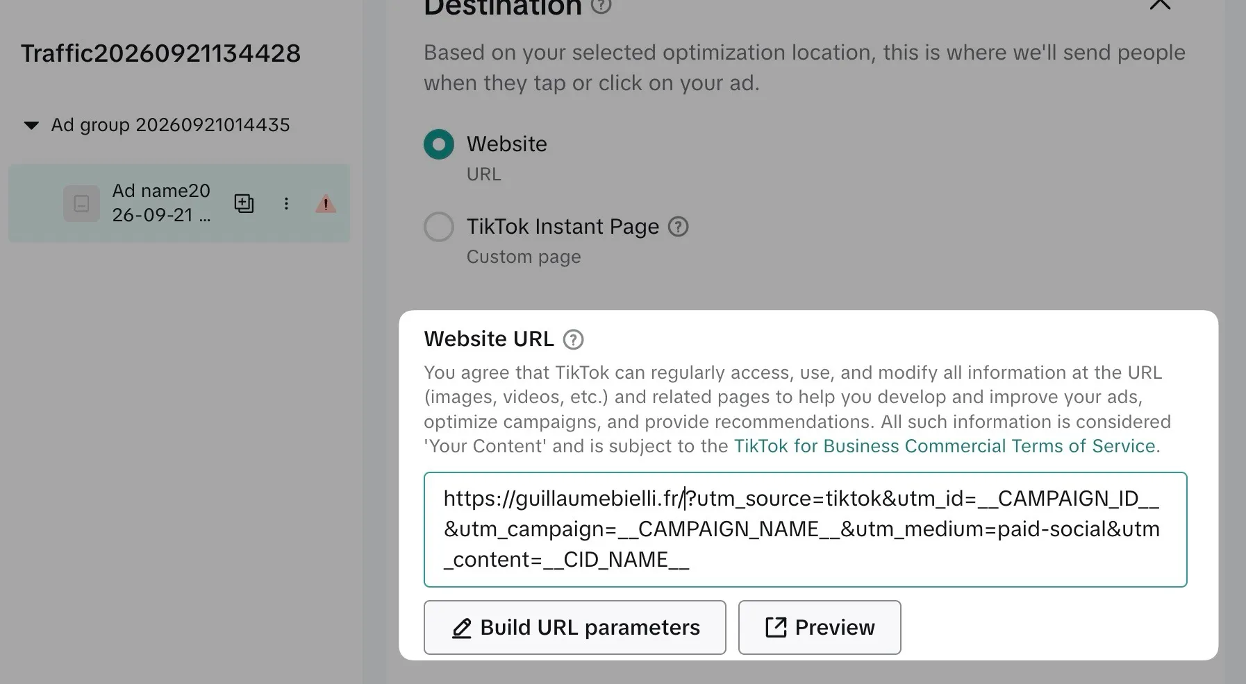 champ tracking url tiktok ads