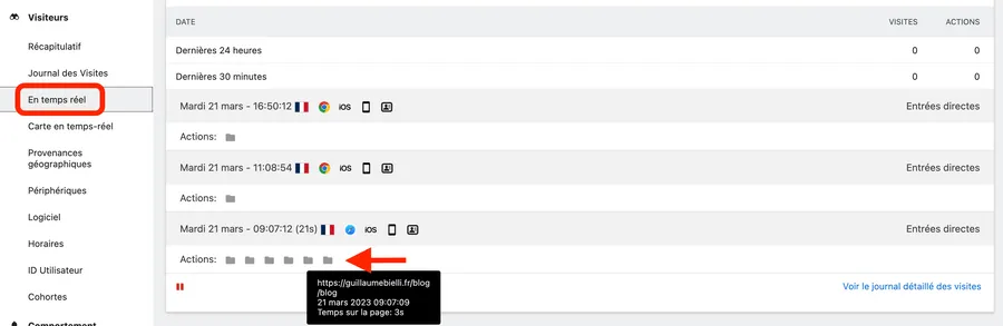 Visites en temps réel sur Matomo